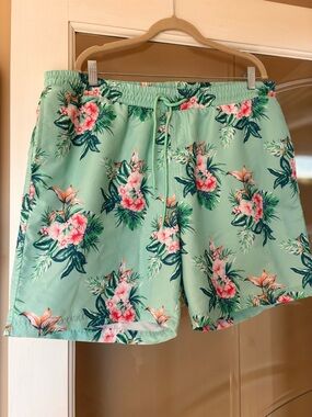 Club Room Mint Floral Swim Board Shorts with Pink Accents